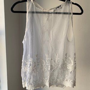 Ivory Embroidery and Mesh Overlay Top